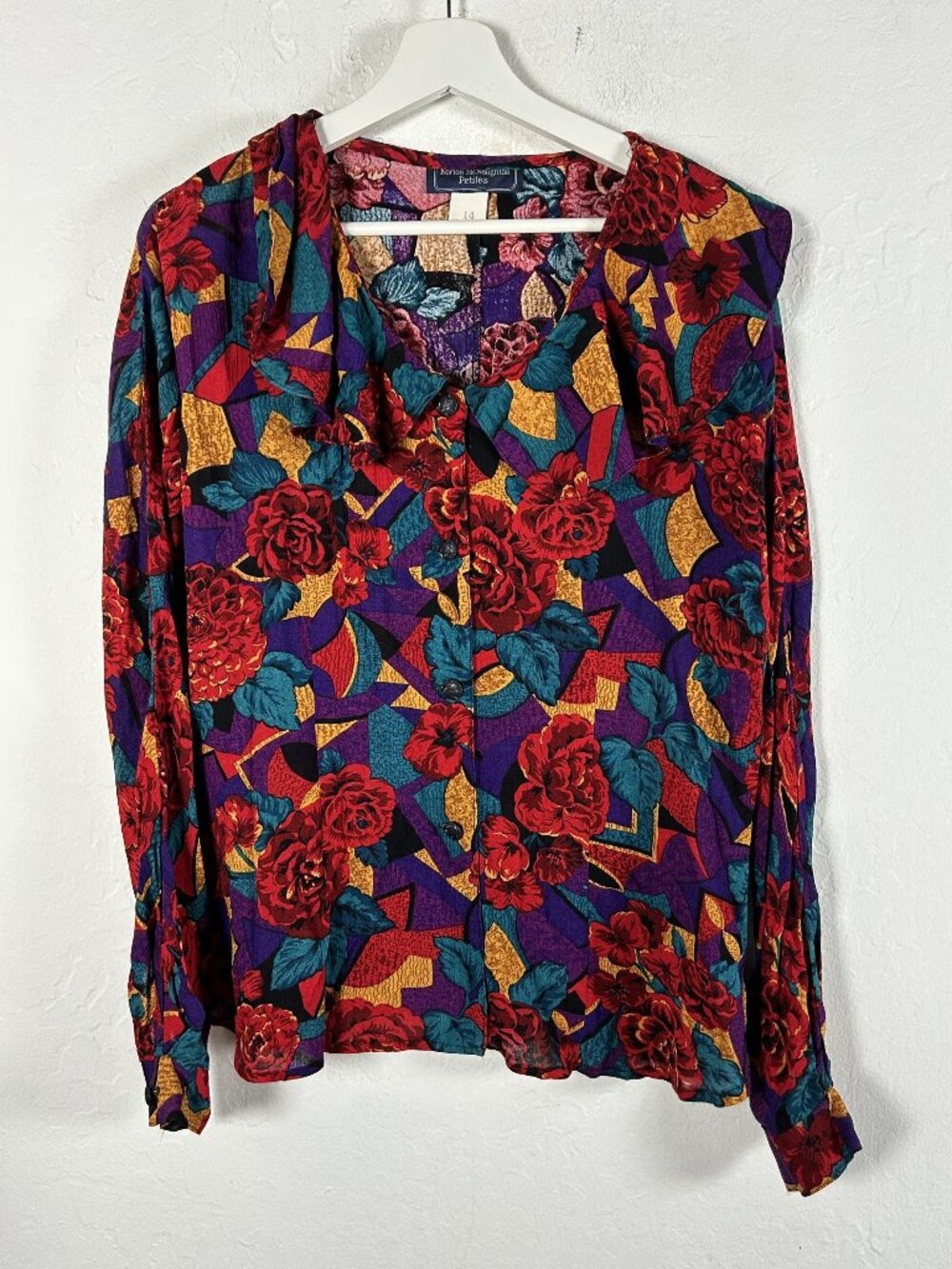 Vintage Norton McNaughton Petites Geometric Floral Ruffle Collar Blouse Top 14P